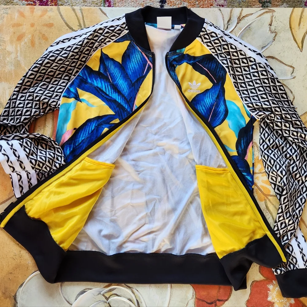 ADIDAS× Farm RIO Banana Leaf Yellow Royal Blue Zips Sporty Baseball Track Jacket - Picture 3 of 16
